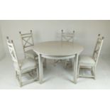 DINING SET, including four chairs, 104cm H and an extendable table, 120cm x 77cm H at largest. (5)