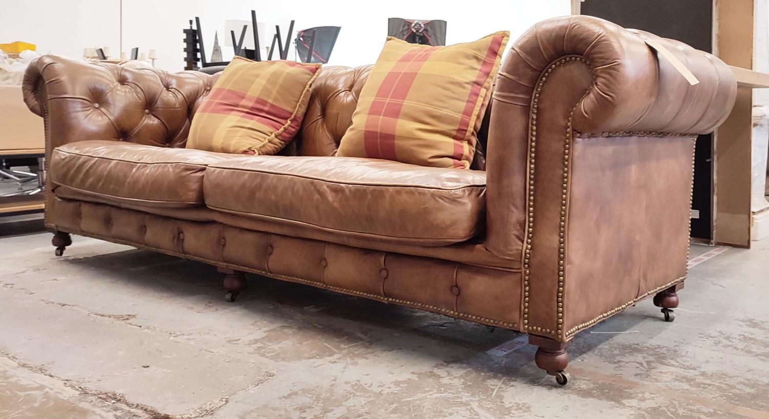 CHESTERFIELD SOFA, in buttoned brown leather, 95cm D x 80cm H x 255cm W, with two cushions. - Image 2 of 8