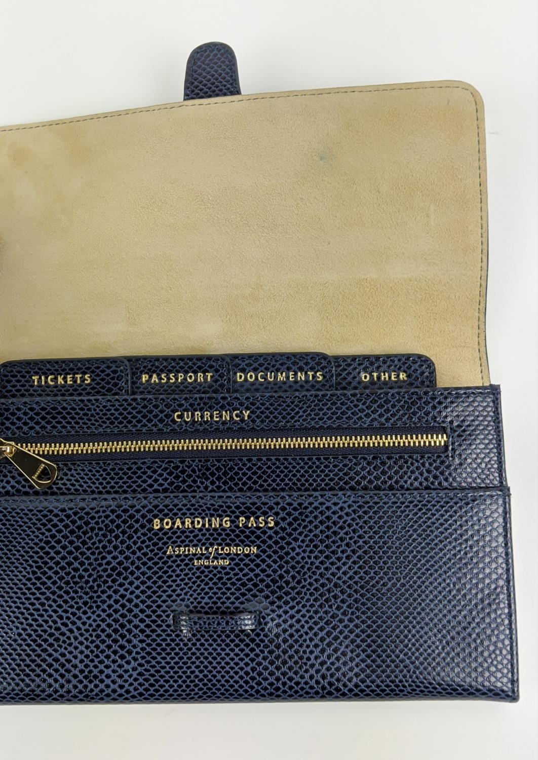 ASPINAL OF LONDON TRAVELLING WALLET, navy blue leather with contrasting suede and fabric lining, - Image 7 of 9