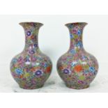 VASES, a pair, floral decorated ceramic, 55cm H x 40cm W. (20