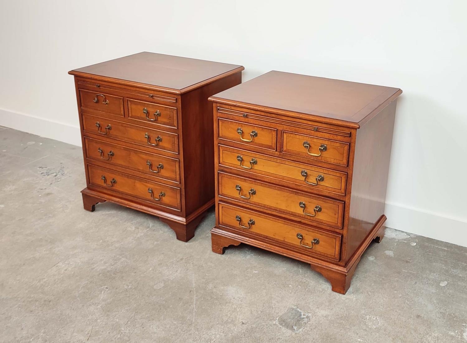 BEDSIDE CHESTS, a pair, Georgian style yewwood, each with green leather slide above five drawers, - Image 2 of 10