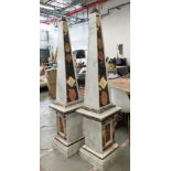 MARBLE OBELISKS, a pair, large scale with various stone applied decoration 182cm H x 40cm W. (2)