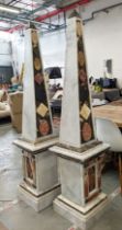 MARBLE OBELISKS, a pair, large scale with various stone applied decoration 182cm H x 40cm W. (2)