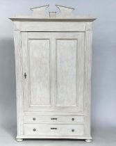 ARMOIRE, 19th century French grey painted with single panelled door enclosing hanging space above