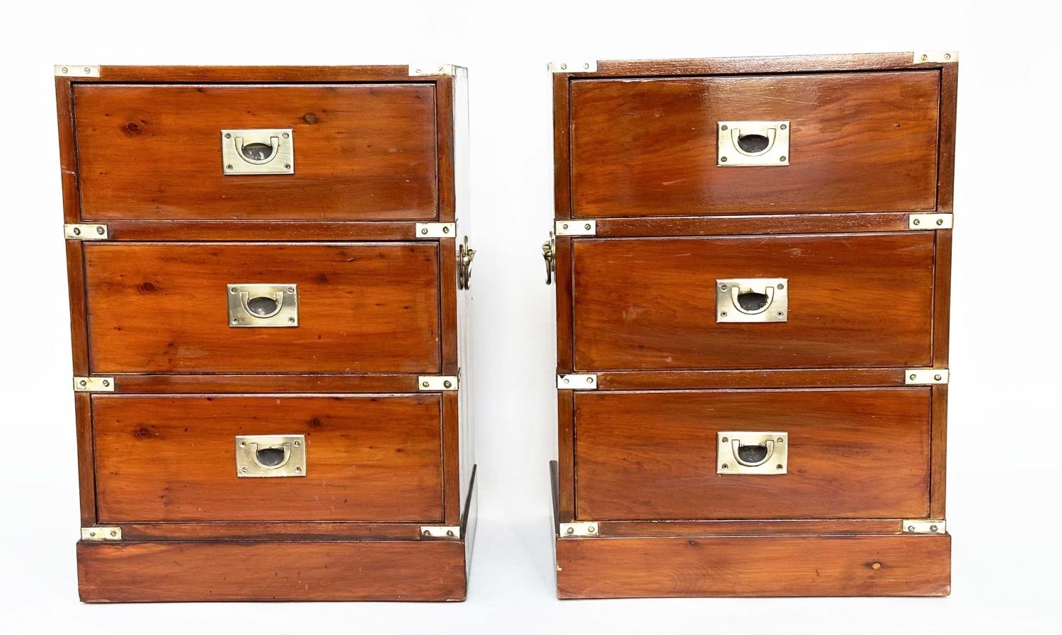 CAMPAIGN STYLE CHESTS, a pair, yewwood and brass bound each with three drawers, 46cm x 38cm x 63cm - Image 2 of 9