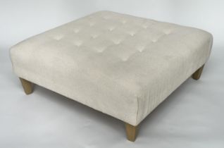 HEARTH STOOL, square buttoned neutral cotton with square tapering supports, 103cm x 103cm x 40cm H.