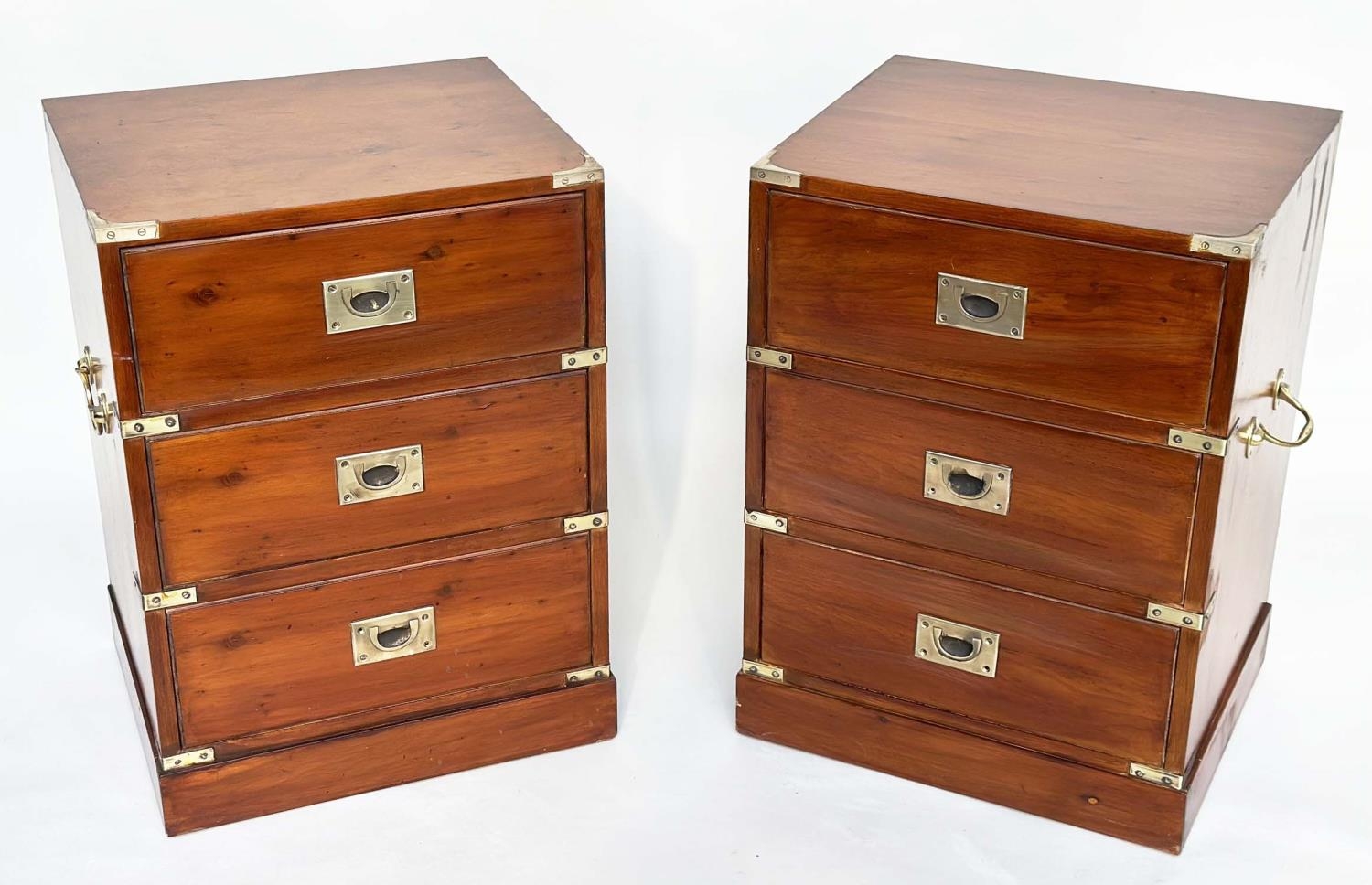 CAMPAIGN STYLE CHESTS, a pair, yewwood and brass bound each with three drawers, 46cm x 38cm x 63cm - Image 6 of 9