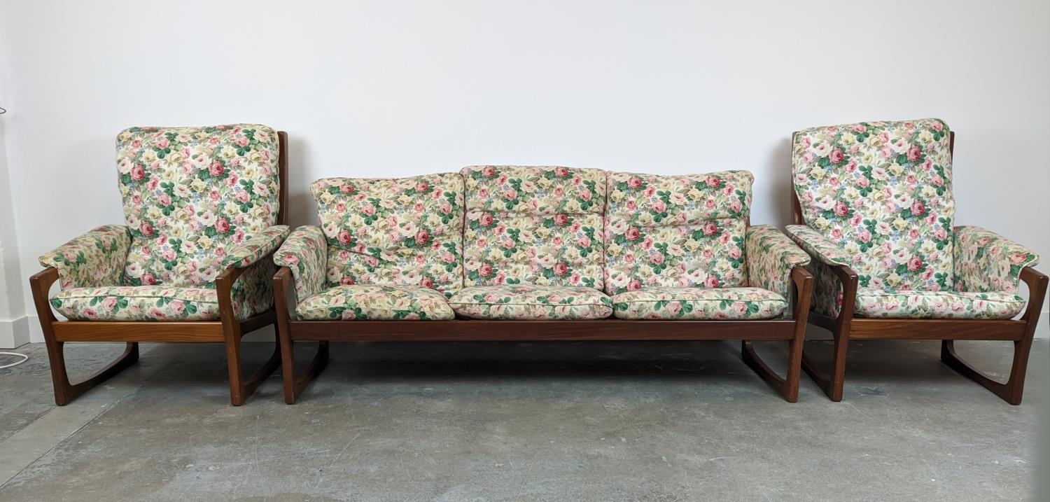 SOFA, circa 1970, Danish teak with floral cushions, 75cm H x 185cm x 76cm and a pair of matching - Image 2 of 10
