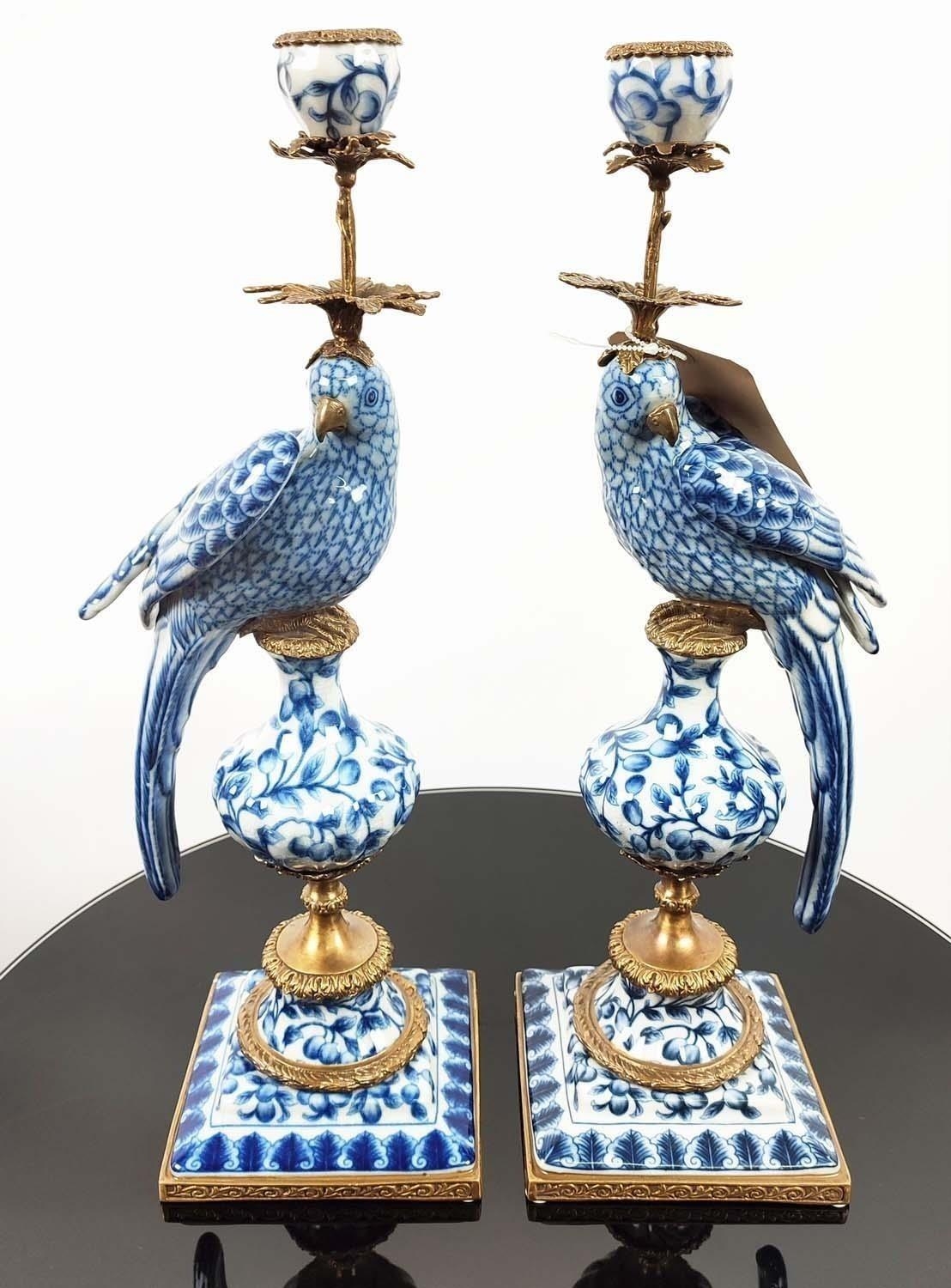 CANDLESTICKS, a pair, ceramic parrots with gilt mounts, 47cm H. (2) - Image 2 of 7