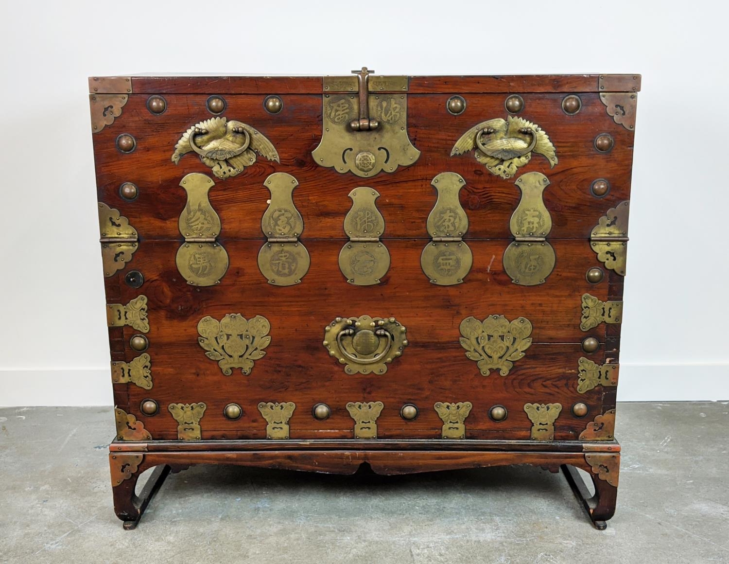 CHEST, 19th century Korean firwood and brass mounted with fall front enclosing four drawers, 99cm - Image 2 of 15