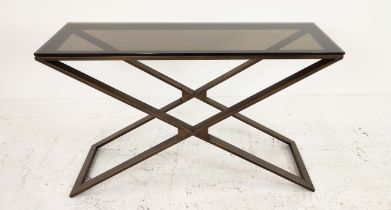 CONSOLE TABLE, gilt metal base, smoked glass top, 119cm x 41cm x 73cm.