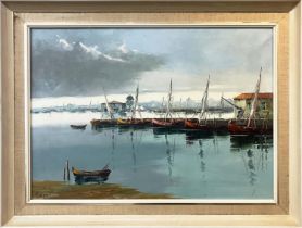 F VITALI, 'Quayside on the Venetian Lagoon', oil on canvas, 48cm x 68cm, signed, framed.