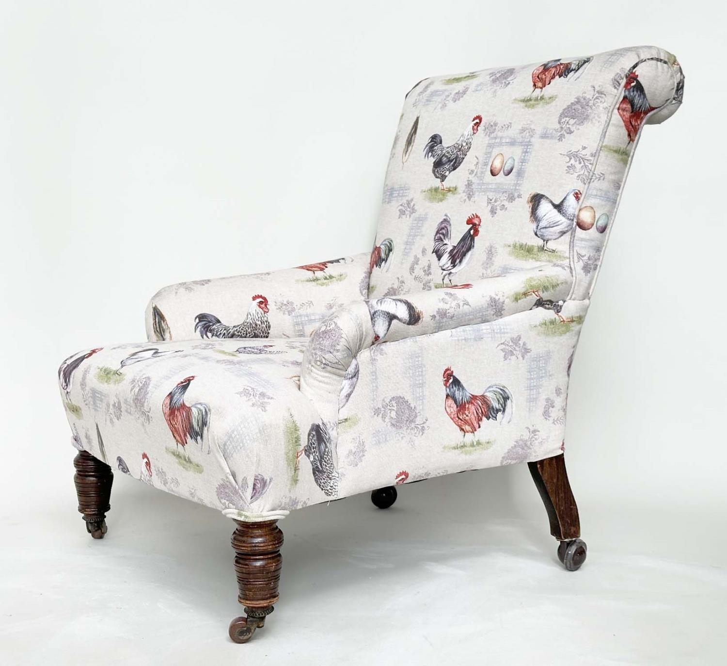 ARMCHAIR, early 20th century mahogany with cockerel and hen print upholstery and turned front