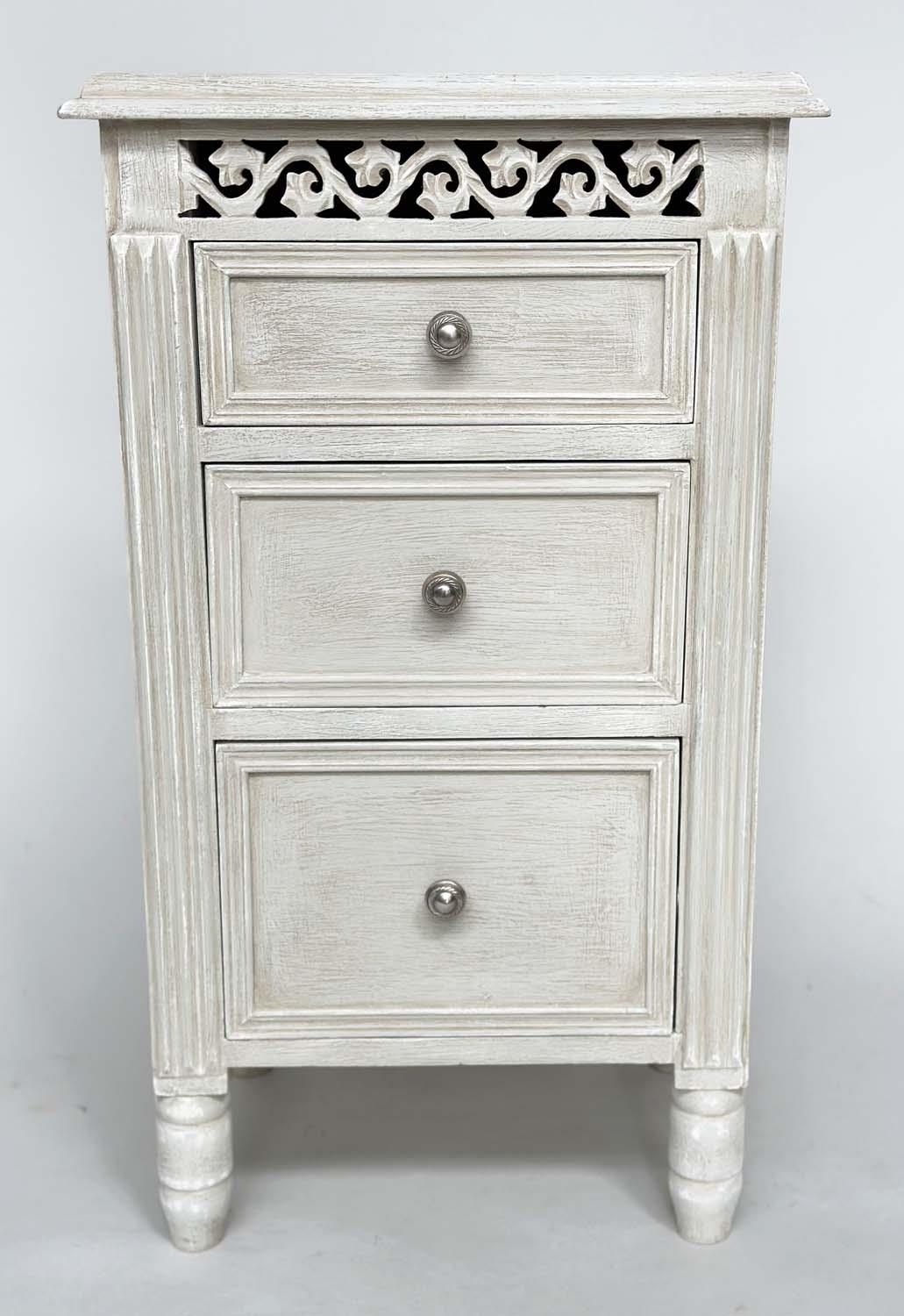 BEDSIDE CHESTS, a pair, French style grey painted each with three drawers and pierced frieze, 40cm x - Image 4 of 7