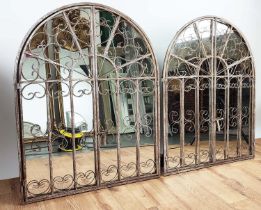 GARDEN WALL MIRRORS, a pair, gated design with distressed metal frames, 90cm H x 70cm W. (2)