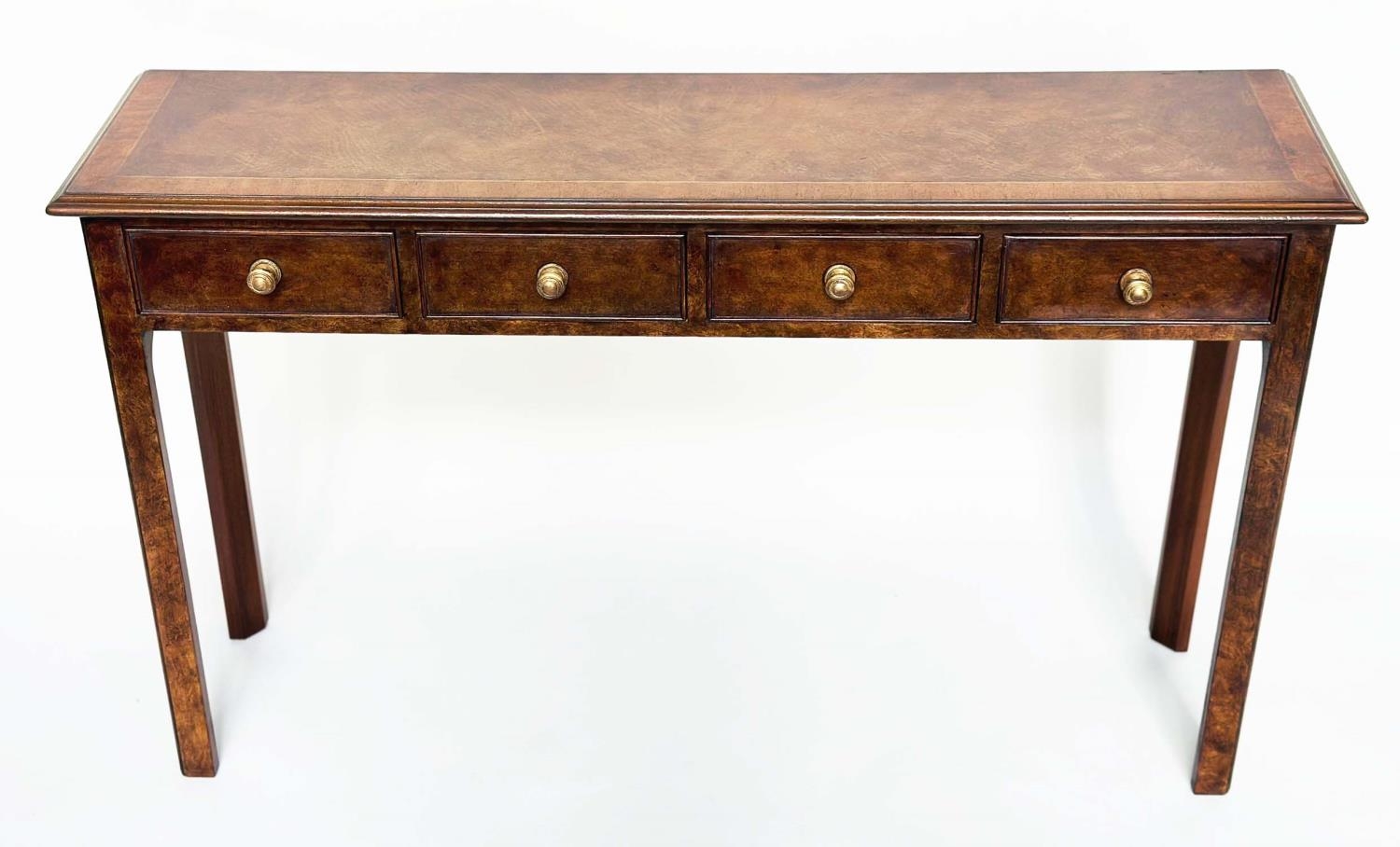 HALL TABLE, George III design burr walnut crossbanded with four frieze drawers and chamfered - Image 4 of 14