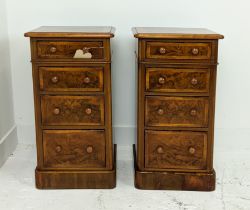 BEDSIDE CHESTS, a pair, Victorian style burr walnut with four drawers, 73cm H x 37cm W x 36cm H. (2)