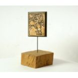 AFTER JOAN MIRO, bronze plaque, mounted onto wooden plinth, personnages, xxe siecle number 4,
