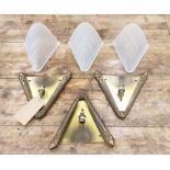 WALL LIGHTS, a set of three, art deco, glass and gilt metal, 26cm x 30cm x 10cm approx. (3)