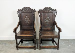 WAINSCOT ARMCHAIRS, a pair, late 19th century Carolean style oak with carved backs, 119cm H x 61cm x