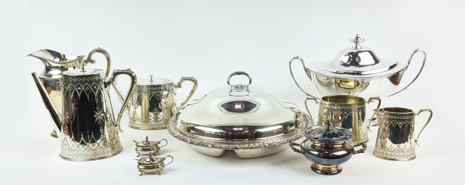 A COLLECTION OF SILVER PLATE, including Victorian tea and coffee service, entree dish, trays, twin - Image 2 of 39