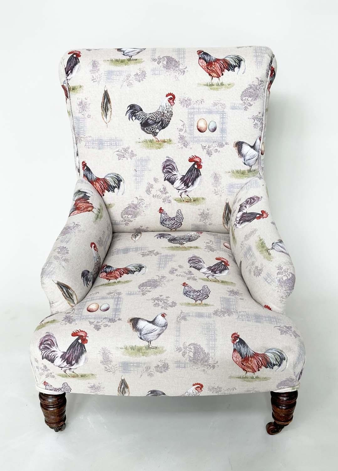 ARMCHAIR, early 20th century mahogany with cockerel and hen print upholstery and turned front - Image 5 of 7