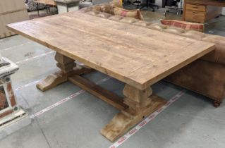 DINING TABLE, pine construction on two shaped pillar supports, 100cm D x 213cm L x 78cm H.