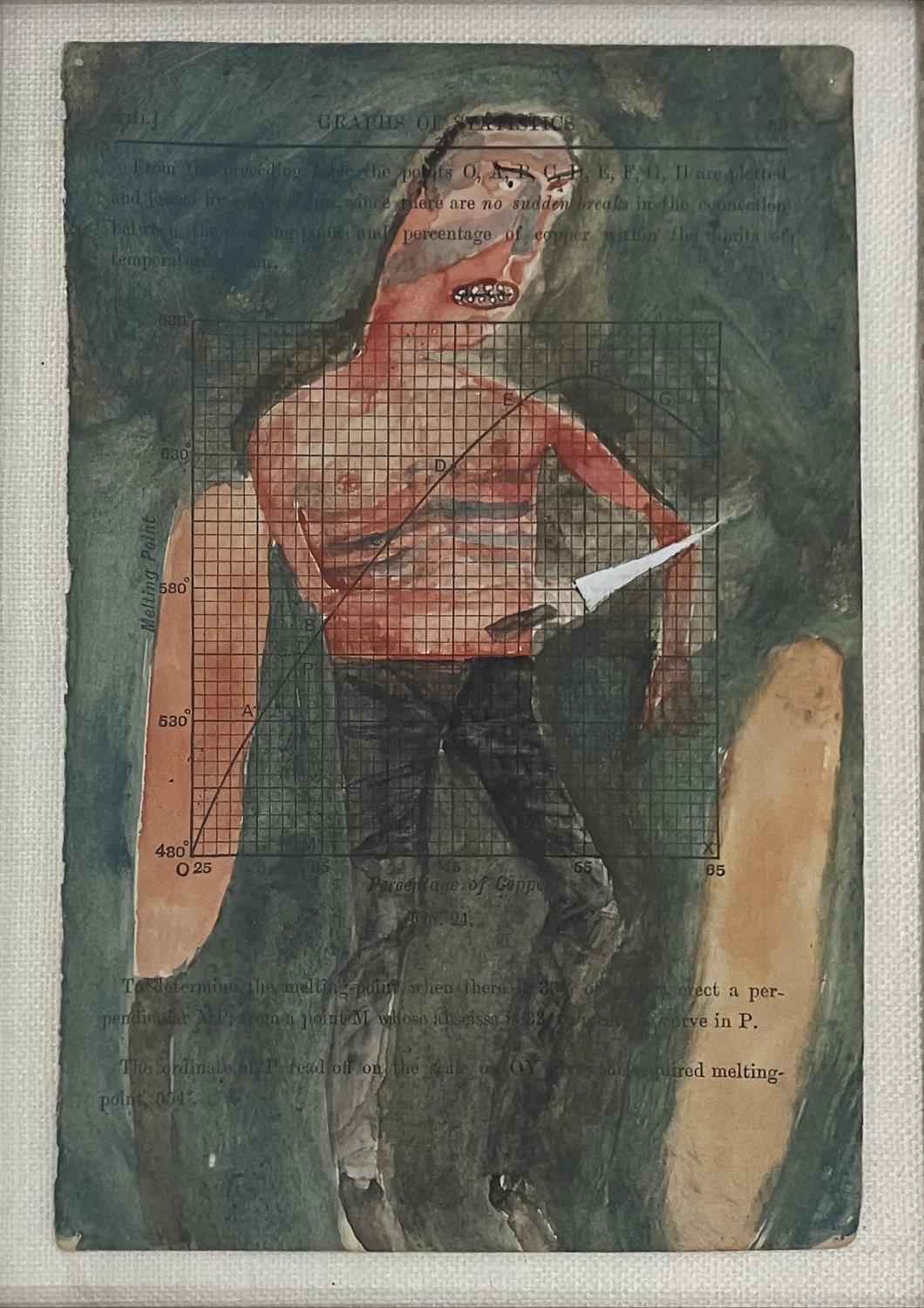 JULIAN DYSON (1936-2003), 'Figure with knife', watercolour on printed page, 18cm x 12cm, framed. - Image 2 of 2