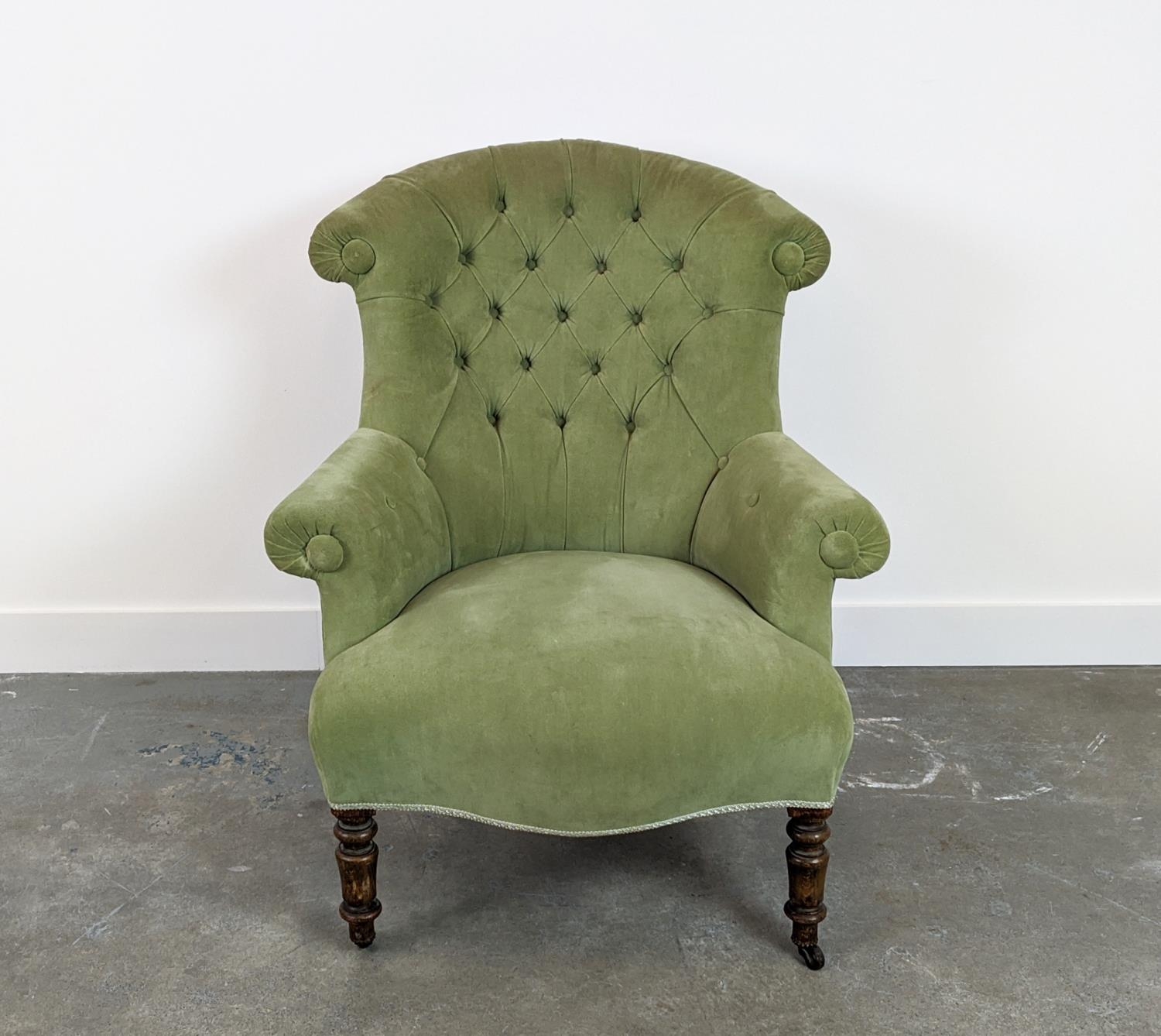 BERGERE, Napoleon III beechwood in green velvet with front castors, 93cm H x 79cm x 86cm. - Image 2 of 6