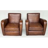ARMCHAIRS, a pair, Art Deco style brown leather upholstered with rounded arms, 77cm W. (2)