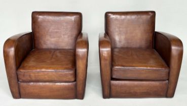 ARMCHAIRS, a pair, Art Deco style brown leather upholstered with rounded arms, 77cm W. (2)
