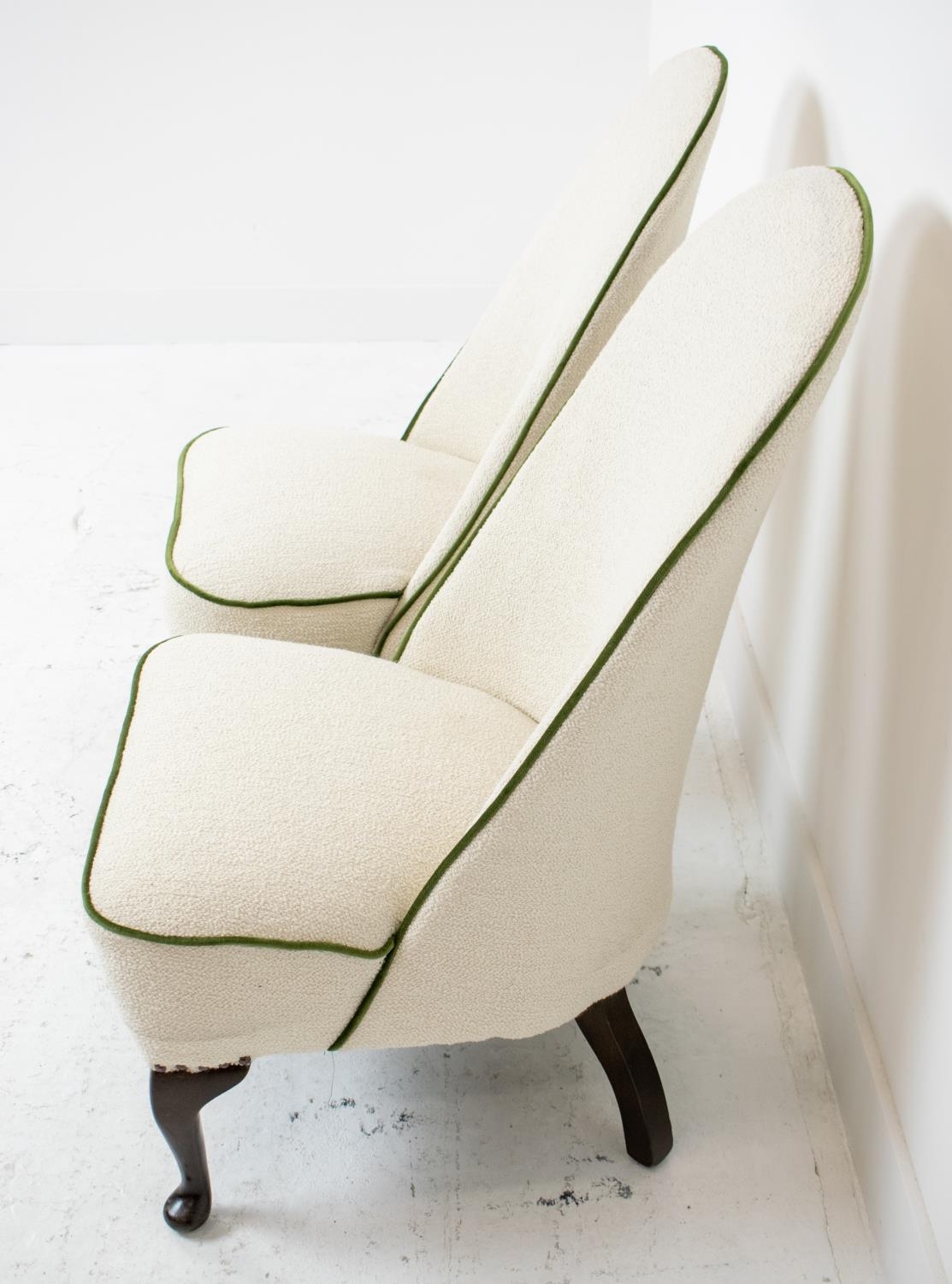 SLIPPER CHAIRS, a pair, boucle wool with green velvet piping, 89cm H x 53cm x 65cm. (2) - Image 4 of 4