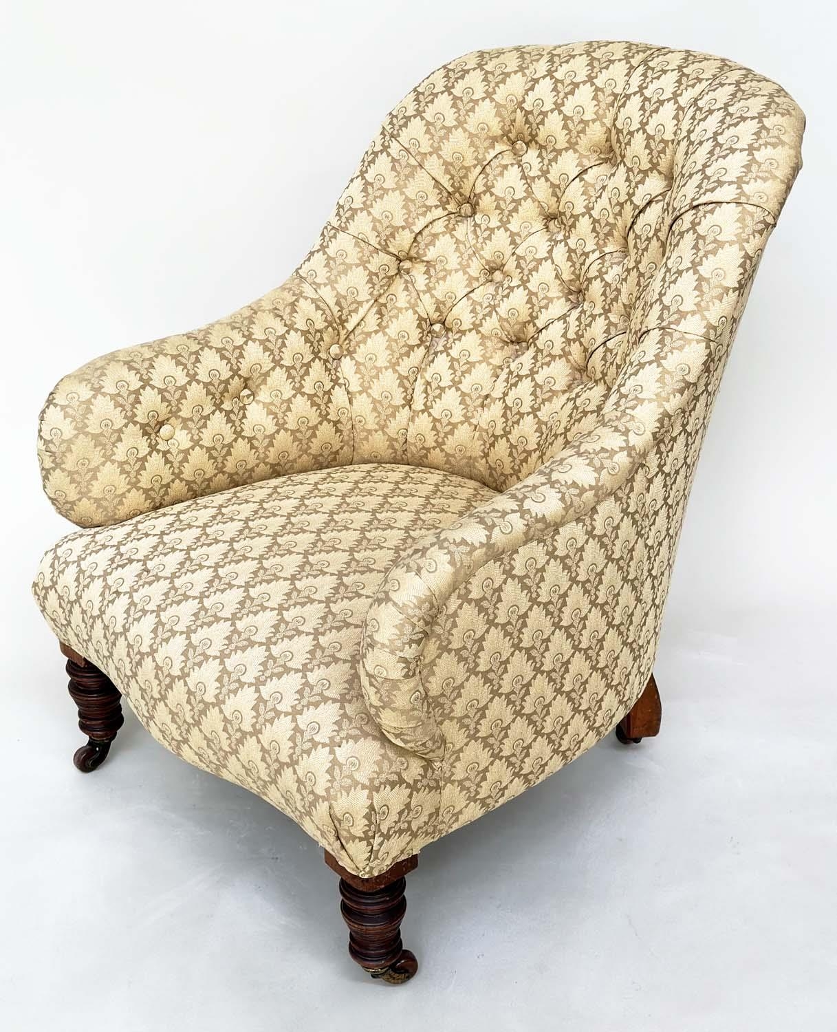 SLIPPER ARMCHAIR, 19th century walnut with two tone maple leaf print upholstery, 85cm H. - Image 8 of 10