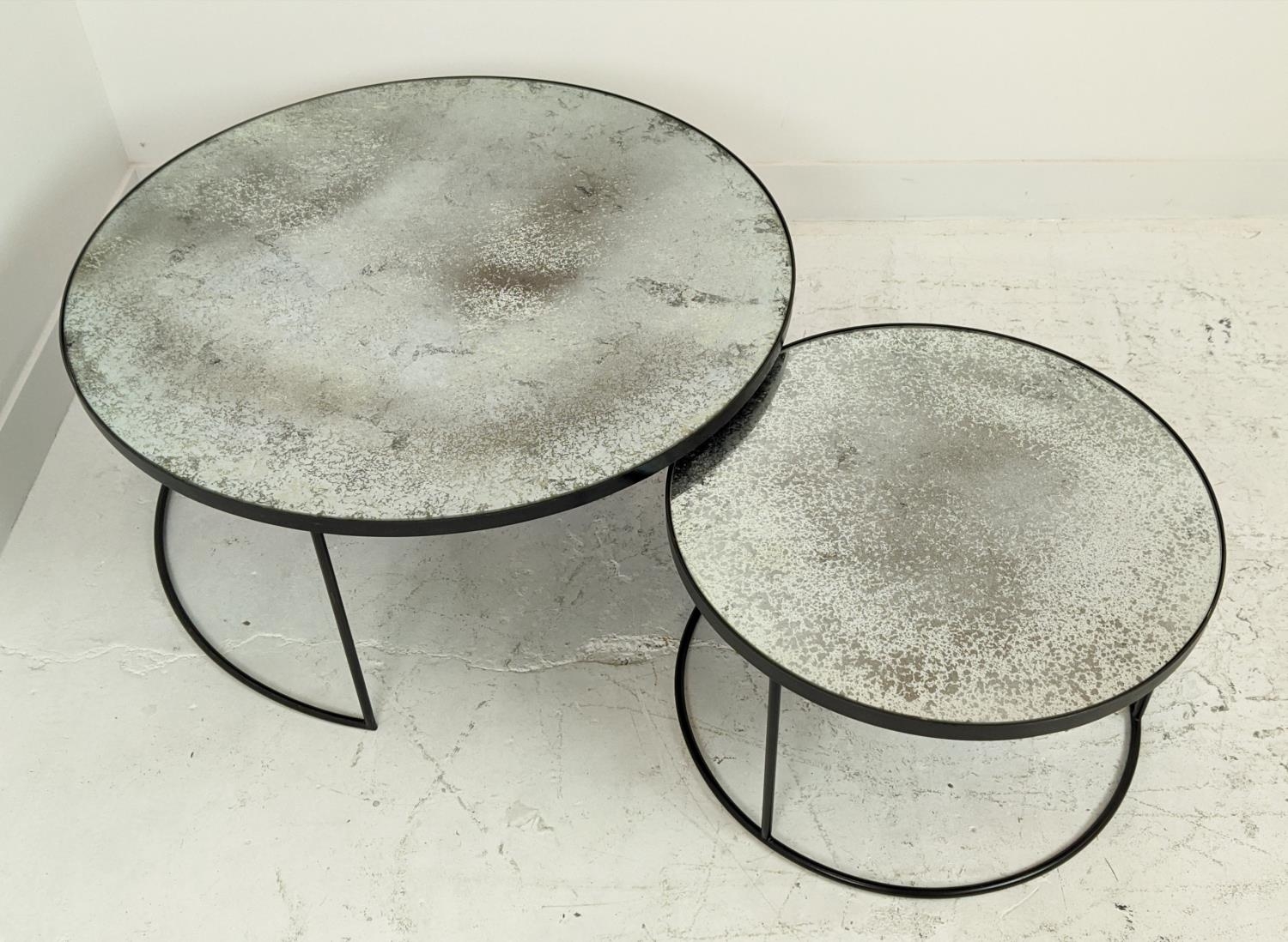LOW TABLES, a nesting pair, with circular antiqued mirrored tops, largest 90cm W x 42cm H. - Image 2 of 8