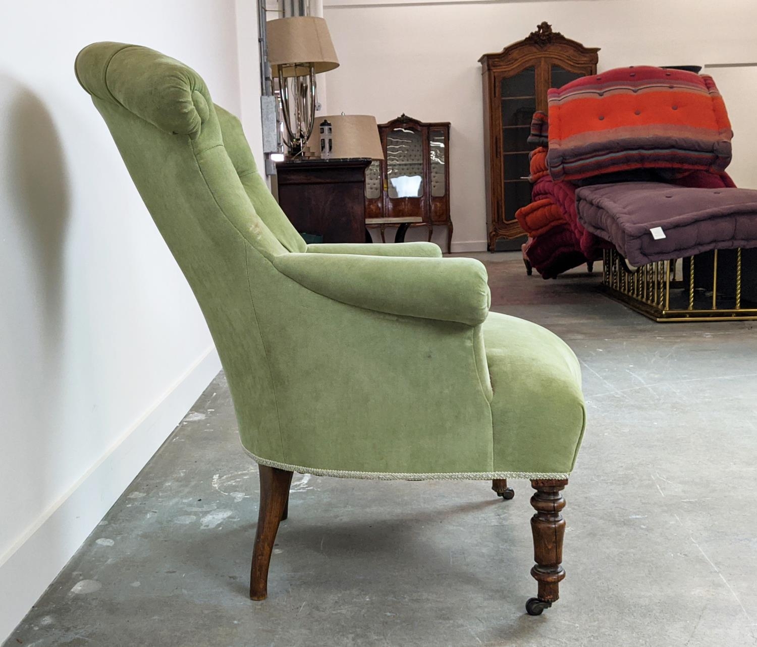 BERGERE, Napoleon III beechwood in green velvet with front castors, 93cm H x 79cm x 86cm. - Image 3 of 6