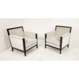 ARMCHAIRS, a pair, 74cm W, neutral velvet upholstered, ebonised frames. (2)