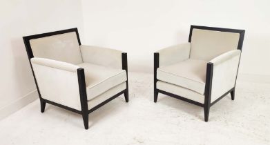 ARMCHAIRS, a pair, 74cm W, neutral velvet upholstered, ebonised frames. (2)