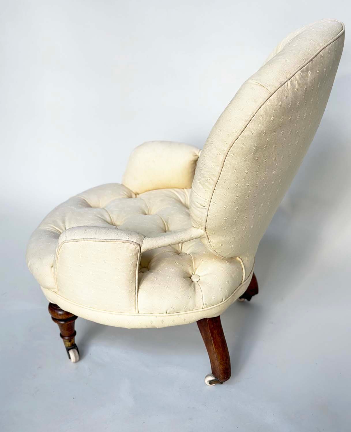 SLIPPER ARMCHAIR, 19th century button upholstered, yellow fabric with turned front supports, 46cm W. - Image 8 of 9
