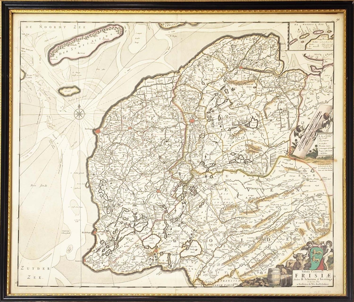 THREE 17TH CENTURY FRAMED MAPS, depicting the Netherlands and surrounding regions, engraved and hand - Image 4 of 5