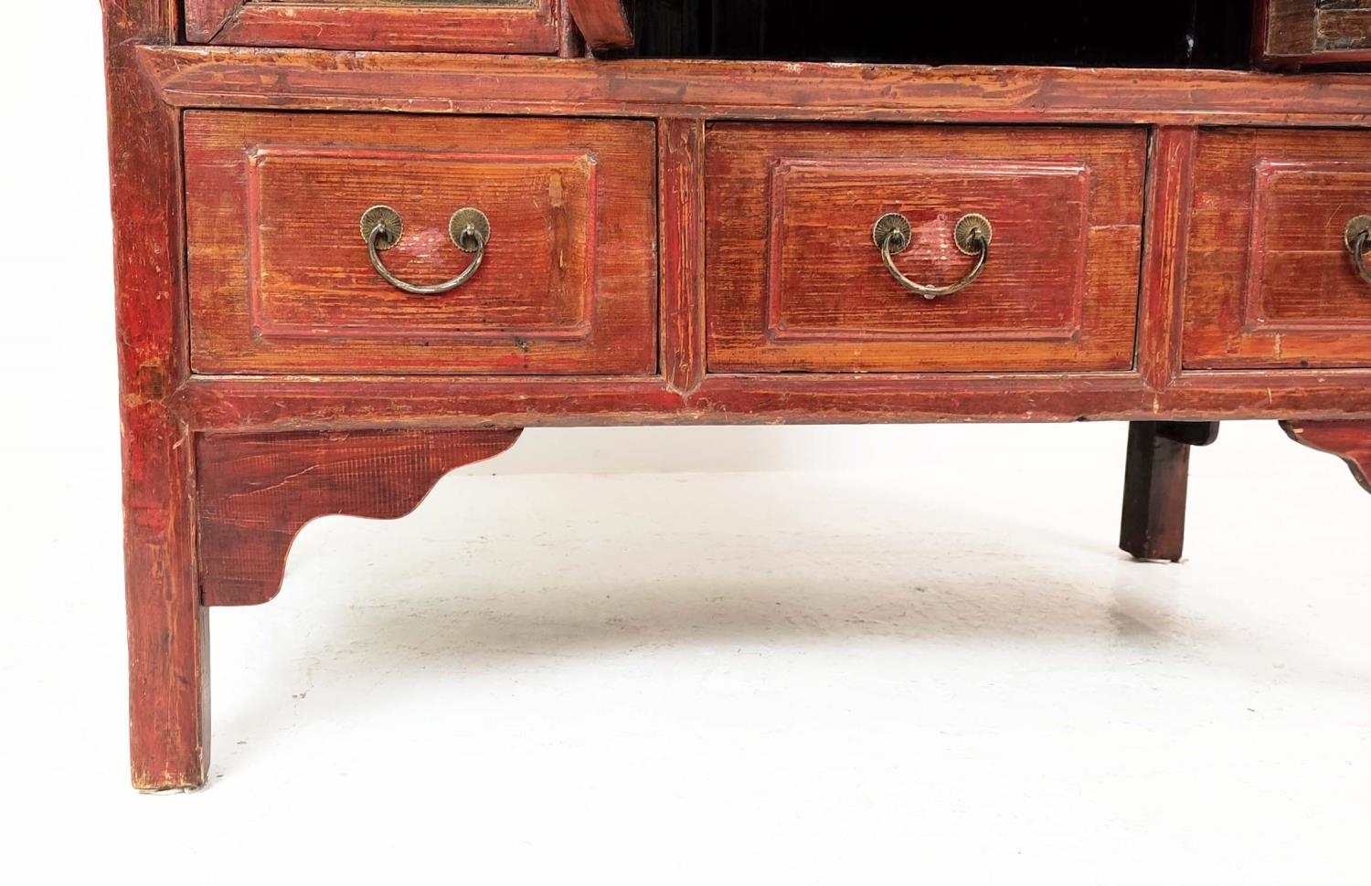 CHINESE WEDDING CABINET, in a decorative red lacquer finish depicting figural scenes and floral - Image 7 of 9