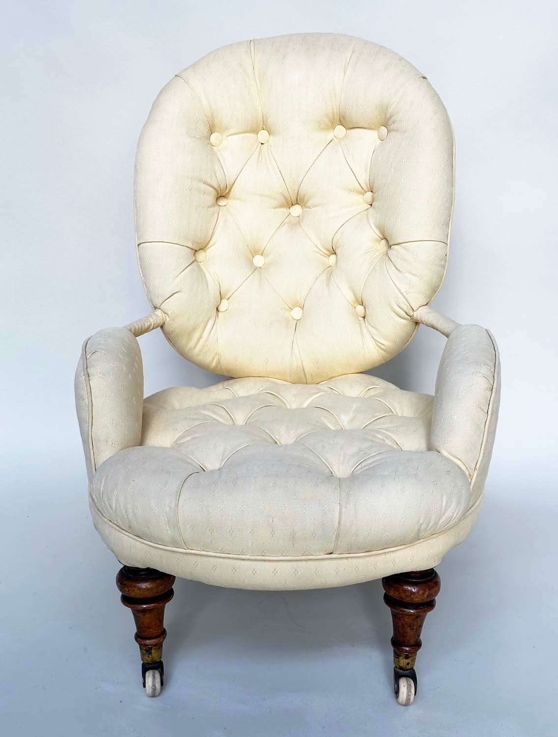 SLIPPER ARMCHAIR, 19th century button upholstered, yellow fabric with turned front supports, 46cm W. - Image 2 of 9