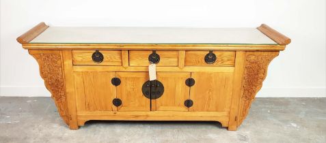 SIDEBOARD, Chinese elm with three drawers above two cupboard doors, 212cm x 86cm H x 49cm.