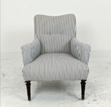 ARMCHAIR, late Victorian mahogany in new ticking upholstery, 83m H x 70cm W x 72cm D.