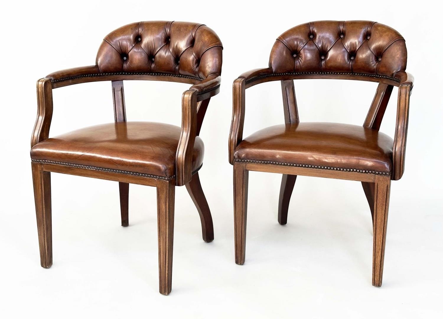 LIBRARY ARMCHAIRS, a pair, Georgian design antique studded and buttoned soft tan brown leather - Image 2 of 8