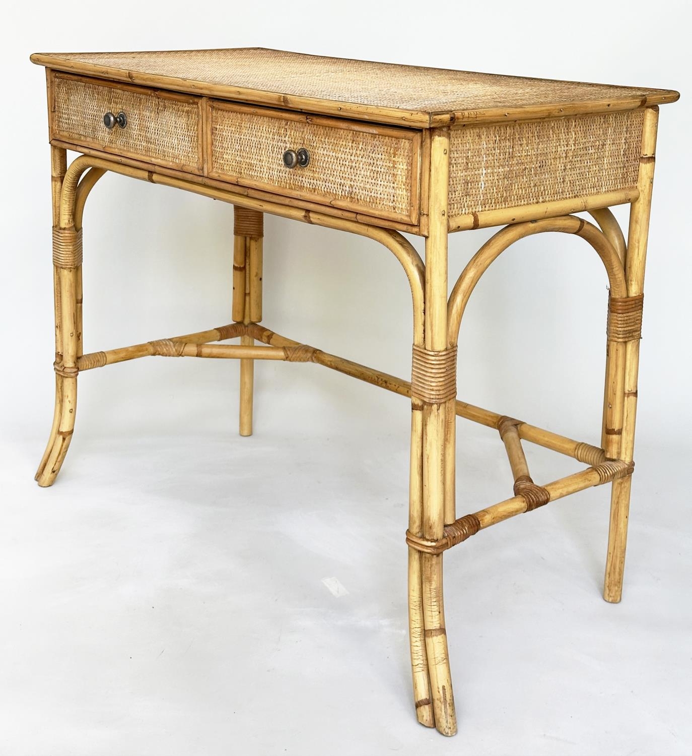 BAMBOO WRITING TABLE, vintage Colonial style rattan framed, wicker panelled and cane bound with - Image 9 of 10