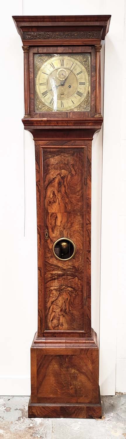 EARLY 18TH CENTURY ‘R. HAUGHTIN’ EIGHT DAY LONGCASE CLOCK, walnut, 11 inch brass dial with gilt