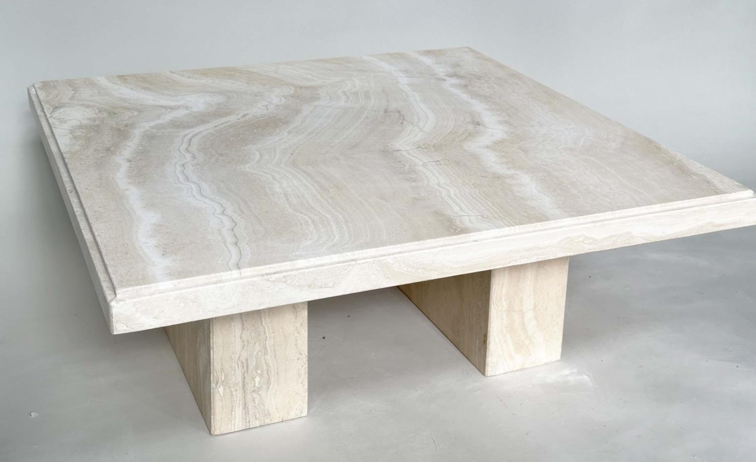 TRAVERTINE LOW TABLE, 1970's Italian travertine marble square with plinth support, 100cm x 100cm x - Image 7 of 9