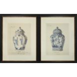 CONTEMPORARY SCHOOL PRINTS, a pair, of blue and white urns, in black frames, 75cm H x 65cm W. (2)