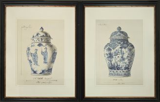 CONTEMPORARY SCHOOL PRINTS, a pair, of blue and white urns, in black frames, 75cm H x 65cm W. (2)