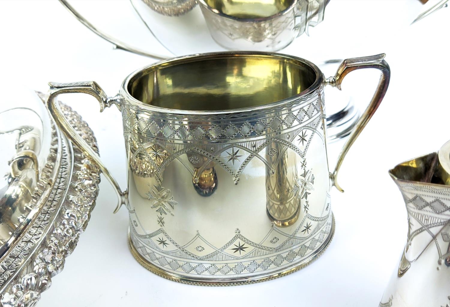 A COLLECTION OF SILVER PLATE, including Victorian tea and coffee service, entree dish, trays, twin - Image 11 of 39